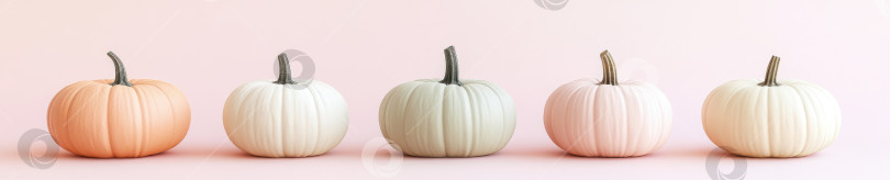 Скачать Элегантная композиция из пяти декоративных тыкв на мягком пастельном фоне фотосток Ozero