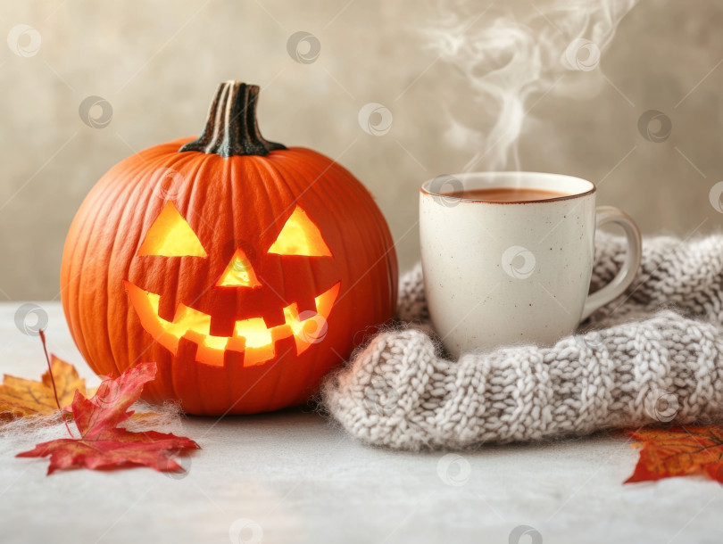 Скачать Ультрареалистичная сцена за столом на Хэллоуин с вырезанной тыквой и уютной атмосферой фотосток Ozero