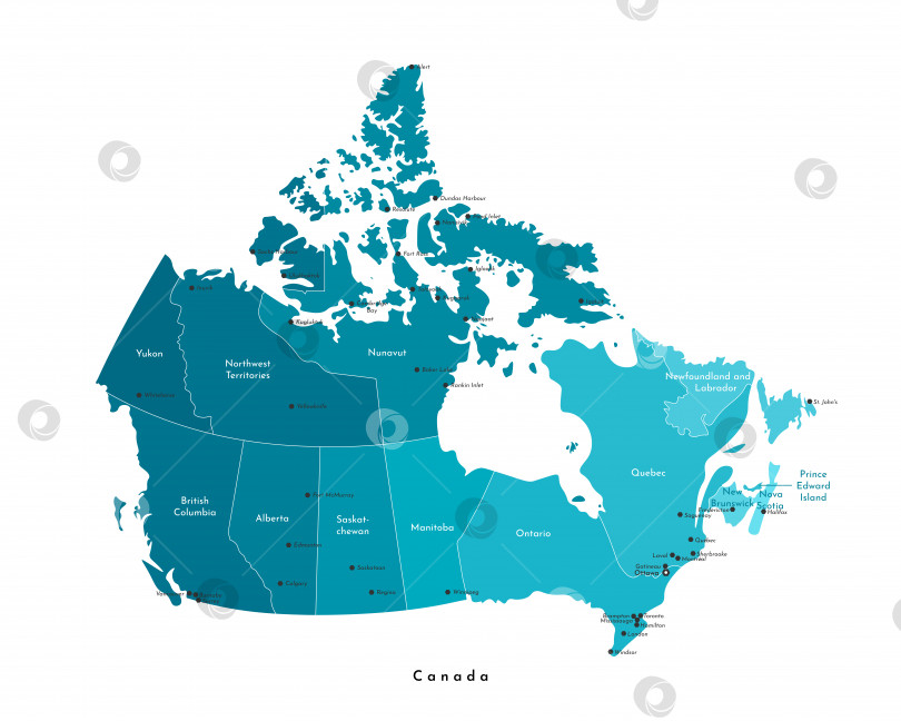 Скачать Векторная современная иллюстрация. Упрощенная изолированная административная карта Канады в синих тонах. Белый фон и контур. Названия городов (Оттава, Торонто и т.д.) и провинций. фотосток Ozero