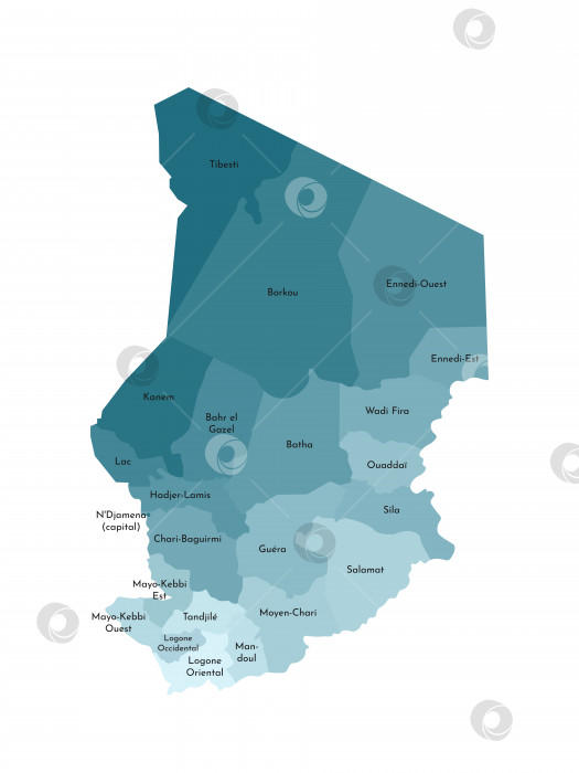 Скачать Векторная изолированная иллюстрация упрощенной административной карты Чада. Границы и названия регионов. Красочные силуэты синего цвета цвета хаки фотосток Ozero