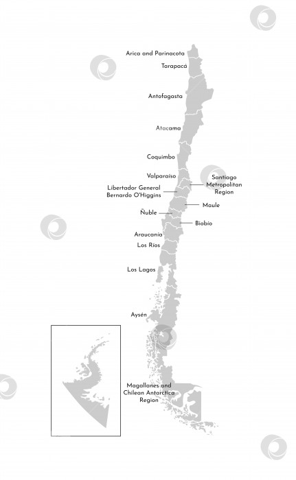 Скачать Векторная изолированная иллюстрация упрощенной административной карты Чили. Границы и названия регионов. Серые силуэты. Белый контур фотосток Ozero