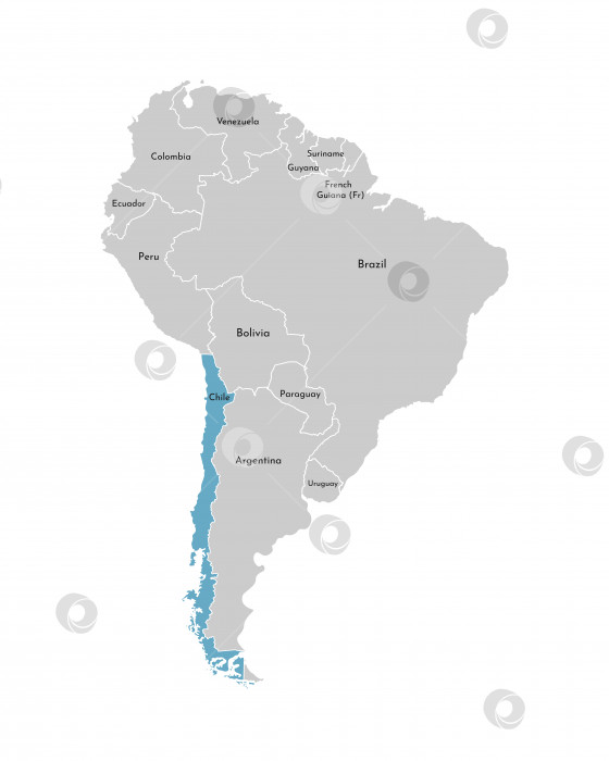 Скачать Векторная иллюстрация с упрощенной картой континента Южная Америка с синим контуром Чили. Серые силуэты, белые очертания границы государств фотосток Ozero