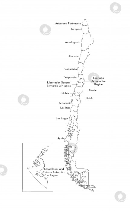Скачать Векторная изолированная иллюстрация упрощенной административной карты Чили. Границы и названия регионов. Черные силуэты линий фотосток Ozero