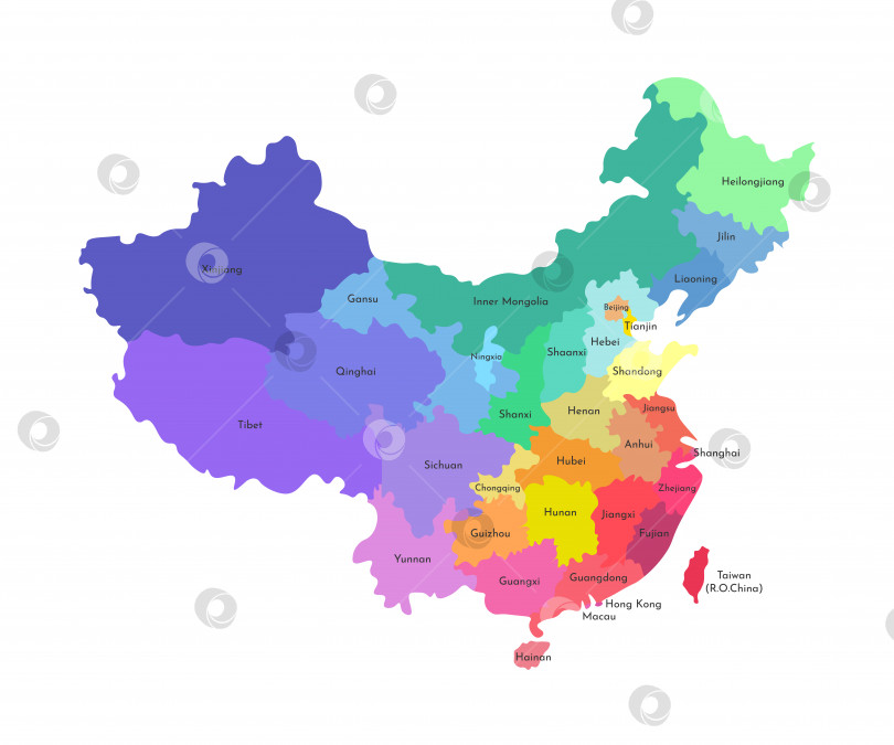 Скачать Векторная изолированная иллюстрация упрощенной административной карты Китая. Границы и названия регионов. Разноцветные силуэты фотосток Ozero