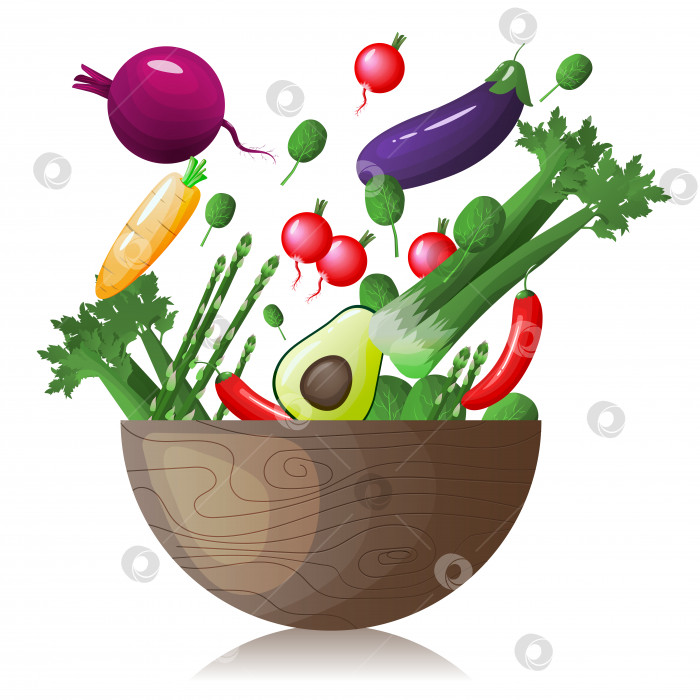 Скачать Овощи в деревянной миске, выделенные на белом фоне. Векторная иллюстрация здорового питания фотосток Ozero