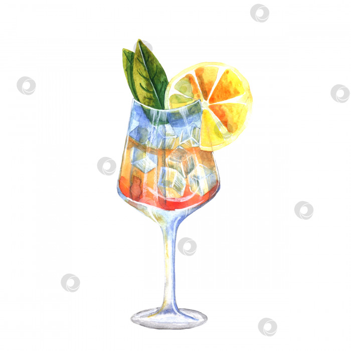 Скачать Акварельный алкогольный коктейль с лимоном, льдом и мятой. фотосток Ozero