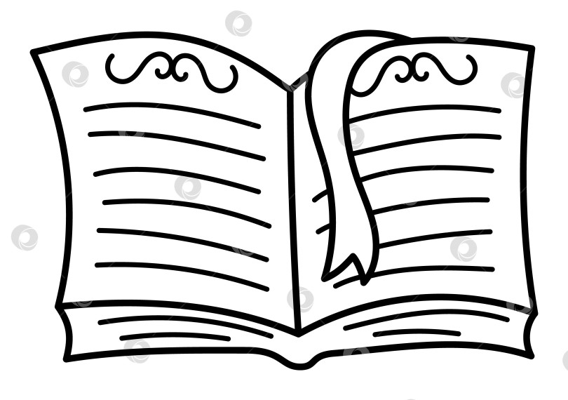 Скачать Векторная черно-белая открытая книга заклинаний с закладкой, вид спереди. Снова в школу или обучающий клипарт из серии "Сказка". Тетрадь или книга заклинаний. Раскраска для фей и ведьм фотосток Ozero