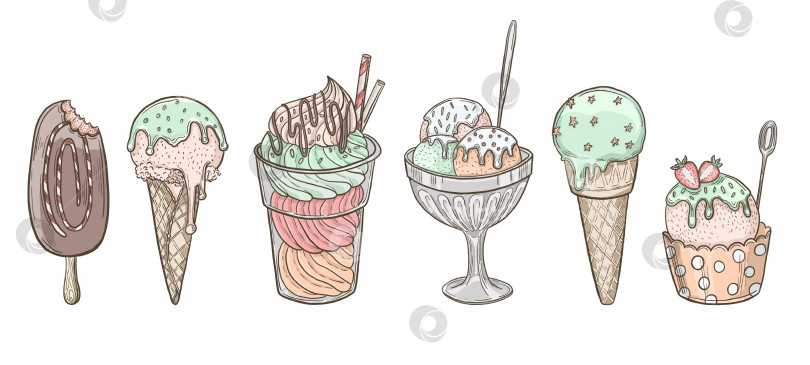 Скачать Набор мороженого с нарисованными от руки иллюстрациями. Нарисованный от руки эскиз. Коллекция каракулей для рисования мороженым фотосток Ozero