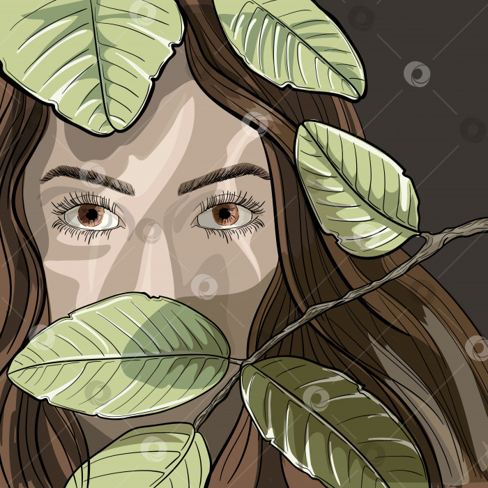 Скачать Портрет красивой молодой девушки в тени листьев. Модная векторная иллюстрация. фотосток Ozero
