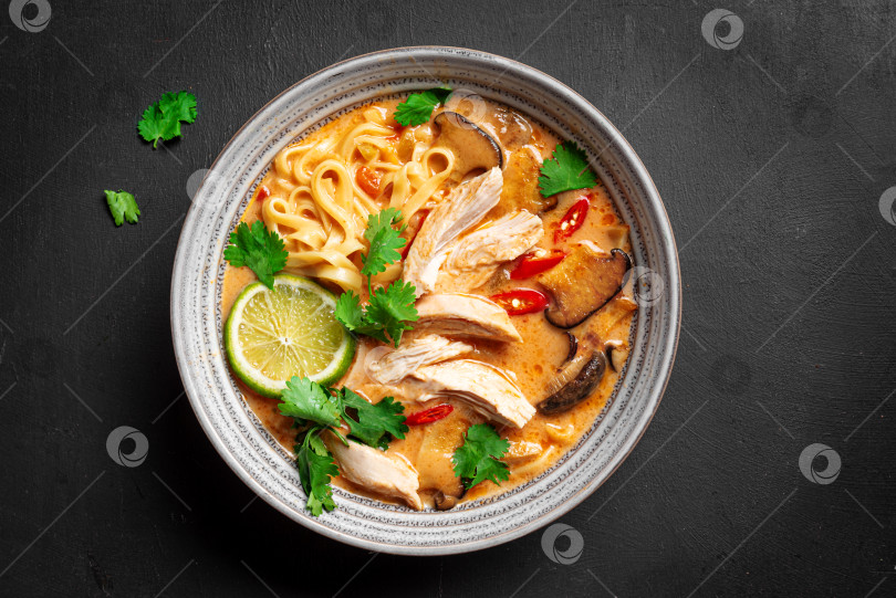 Скачать Острый тайский куриный суп с лапшой. Кхао Сой фотосток Ozero