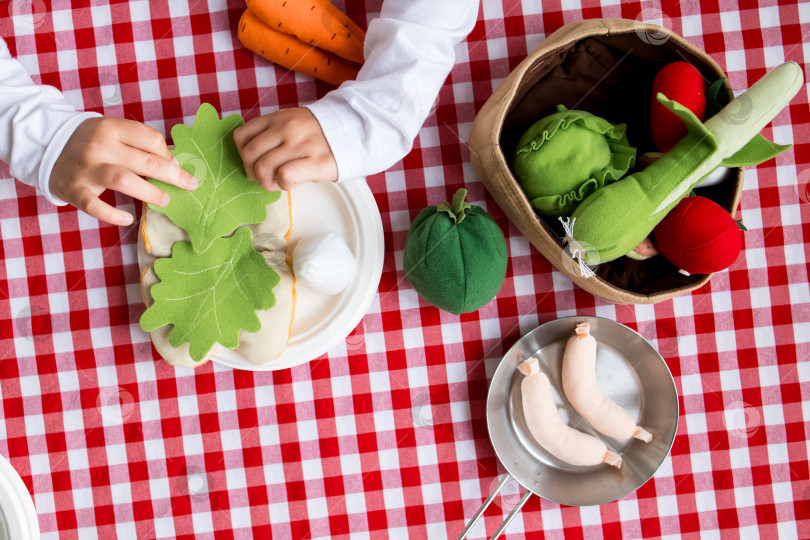 Скачать Ребенок играет с фетровыми овощами на клетчатой скатерти фотосток Ozero
