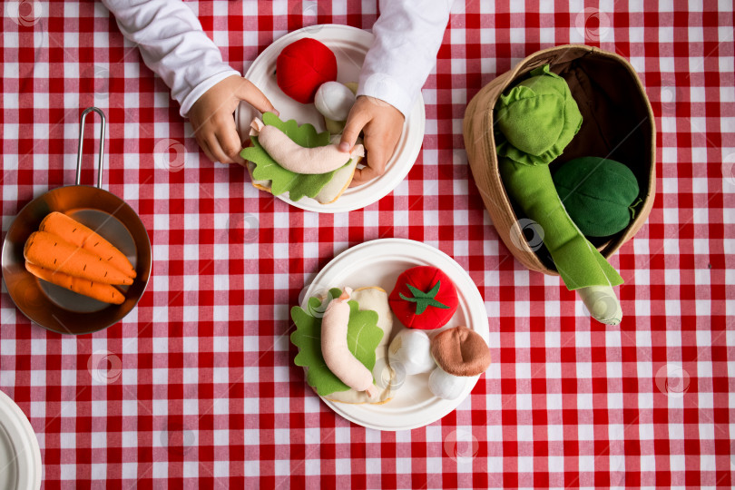 Скачать Детские ручки с фетровыми овощами на клетчатой скатерти фотосток Ozero