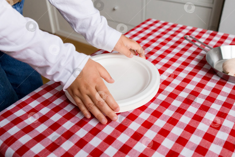 Скачать Детский столик с красной клетчатой скатертью и белыми тарелками фотосток Ozero