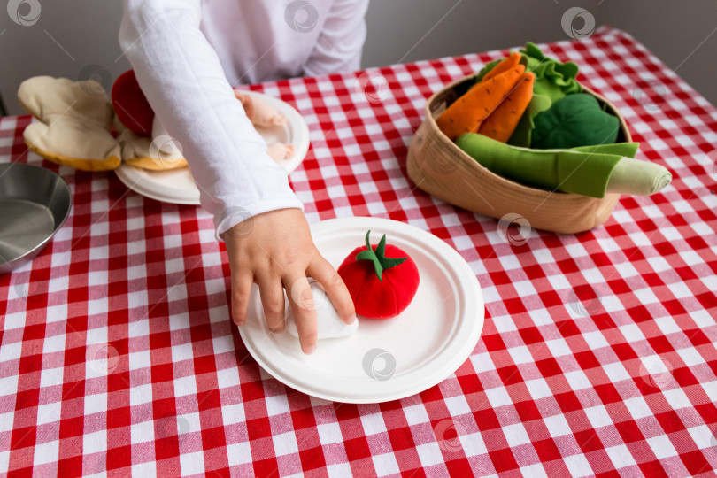 Скачать Ребенок играет с игрушечными овощами на клетчатой скатерти фотосток Ozero