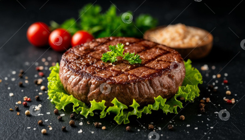 Скачать Мясной бифштекс на черном фоне, пробел для копирования. Создан искусственный интеллект. фотосток Ozero