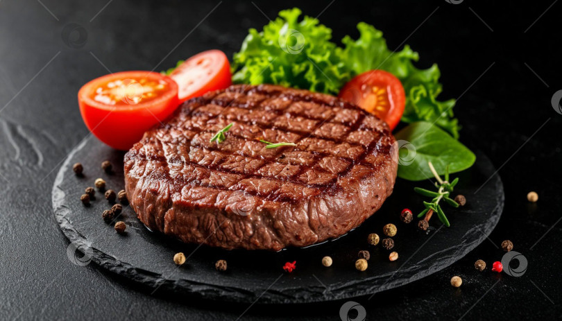 Скачать Мясной бифштекс на черном фоне, пробел для копирования. Создан искусственный интеллект. фотосток Ozero
