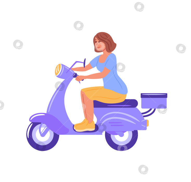 Скачать Жизнерадостная блондинка катается на ярко-фиолетовом самокате, одетая в стильную синюю футболку и ярко-желтые брюки. Ее радостное выражение лица и динамичная поза передают ощущение свободы и приключений. фотосток Ozero