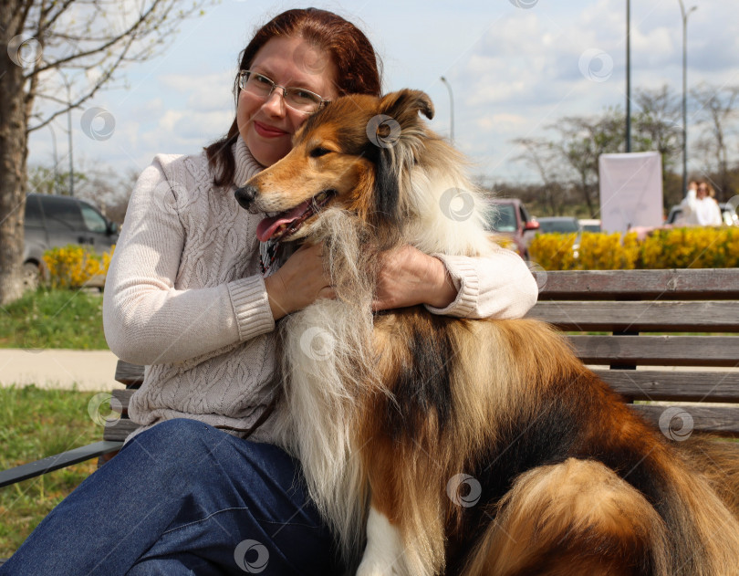 Скачать Женщина на скамейке со своей любимой собакой фотосток Ozero