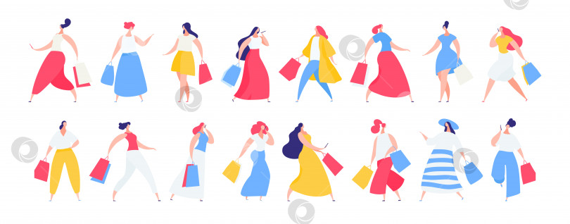 Скачать Набор модных девушек, одетых в красочную повседневную одежду и несущих сумки для покупок фотосток Ozero