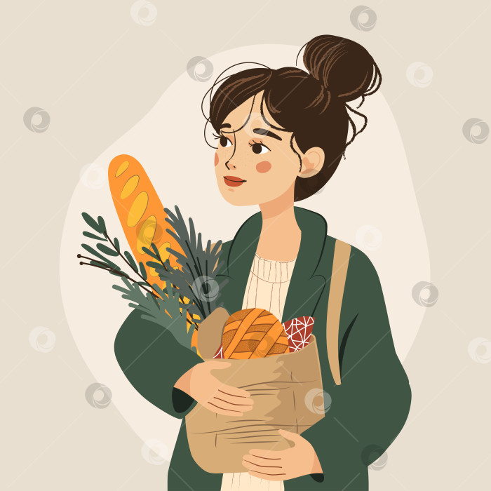 Скачать Векторная иллюстрация. Женщина держит в руках сумку с продуктами фотосток Ozero
