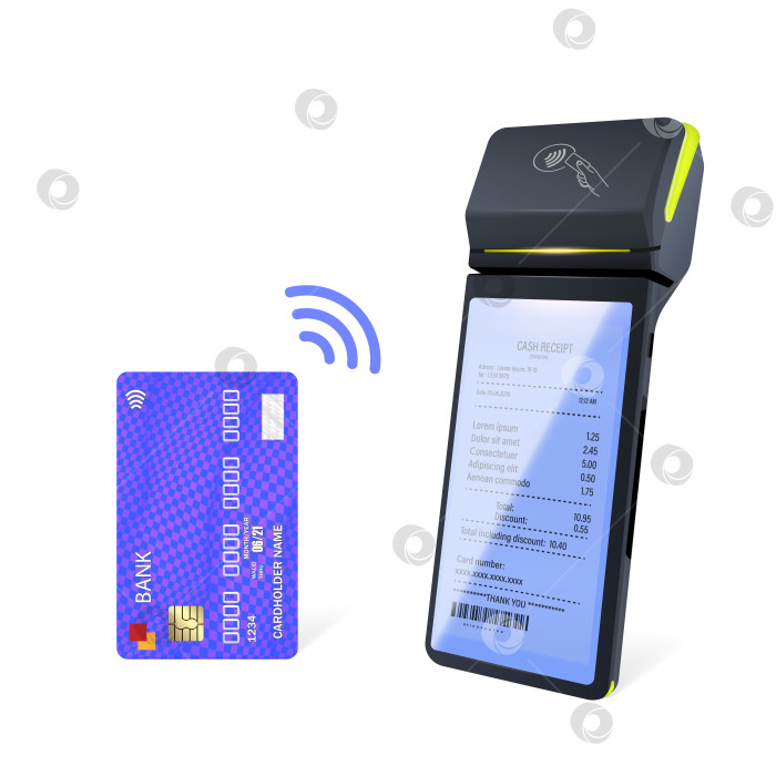 Скачать Реалистичный синий макет платежного терминала с Wi-Fi и POS-терминалом для кредитных карт. фотосток Ozero