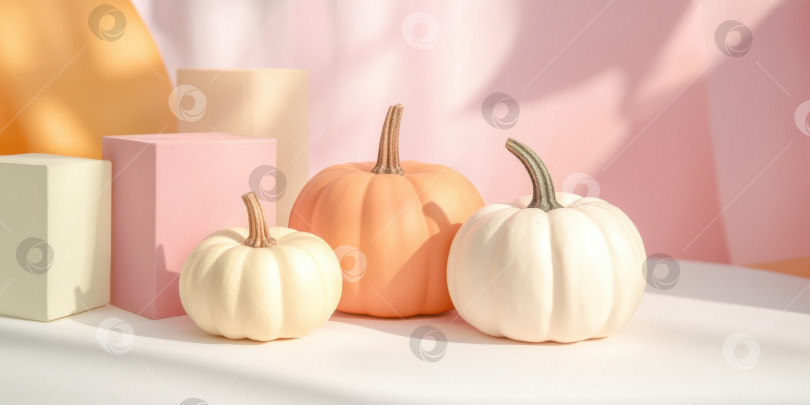 Скачать Трио мини-тыкв в декоре с пастельными геометрическими формами для осеннего показа фотосток Ozero