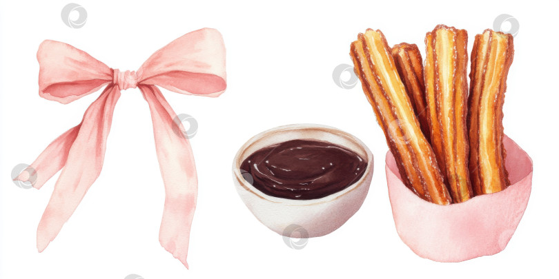 Скачать Вкусные чуррос с шоколадным соусом и розовым бантом, выполненные акварелью фотосток Ozero
