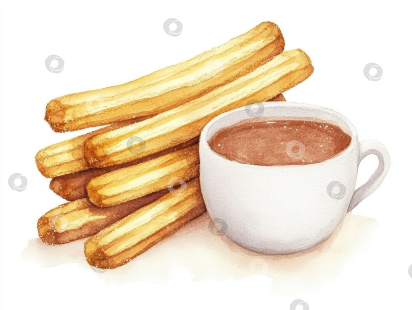 Скачать Акварельная иллюстрация хрустящих золотистых чуррос с горячим шоколадом - настоящее наслаждение для любителей десертов фотосток Ozero