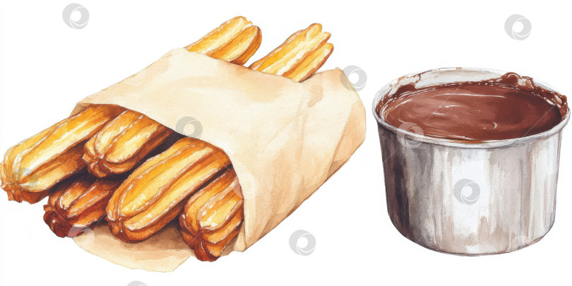 Скачать Акварельные чуррос с шоколадом в винтажном стиле для фуд-арта и декора фотосток Ozero