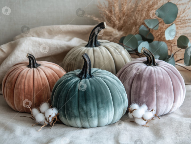 Скачать Элегантный осенний декор с бархатными тыквами и хлопковыми вставками для создания уютного домашнего стиля фотосток Ozero