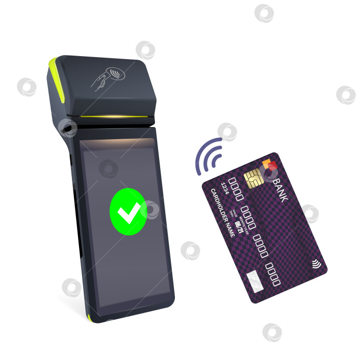 Скачать Реалистичный черный макет платежного терминала с Wi-Fi и POS-терминалом для кредитных карт. фотосток Ozero