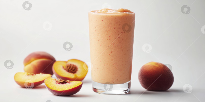 Скачать Освежающий персиковый смузи пастельных тонов со свежими ломтиками персиков для летнего наслаждения фотосток Ozero