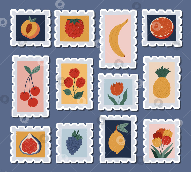 Скачать Прекрасный мультяшный лист с наклейками и винтажной почтовой маркой с изображением летних фруктов и цветов для планировщиков, блокнотов. Готовый к печати набор наклеек с нарисованными от руки штемпелями авиапочты, этикетками для поездок фотосток Ozero