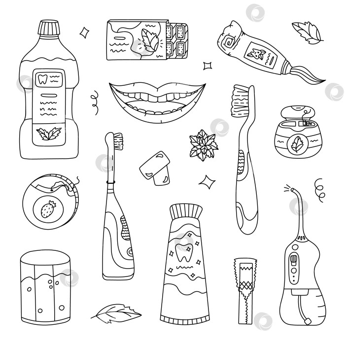 Скачать Набор для гигиены полости рта Lovely line doodle для чистых зубов, свежего дыхания, здоровья десен и отбеливания эмали. На заднем плане нарисована коллекция стоматологических концепций для белоснежной и здоровой улыбки. фотосток Ozero