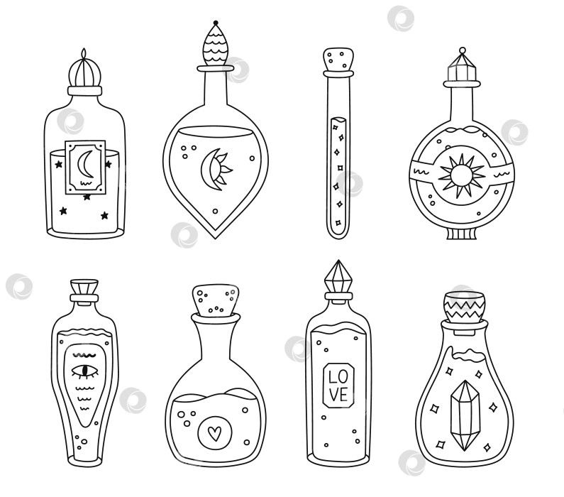 Скачать Набор Lovely line doodle с волшебным зельем в разных флаконах, этикетками и винтажной крышкой. Любовное зелье - волшебная жидкость, несущая энергию солнца, удачу, яд. Баночки в стиле бохо. Милые флакончики для колдовства, алхимии фотосток Ozero