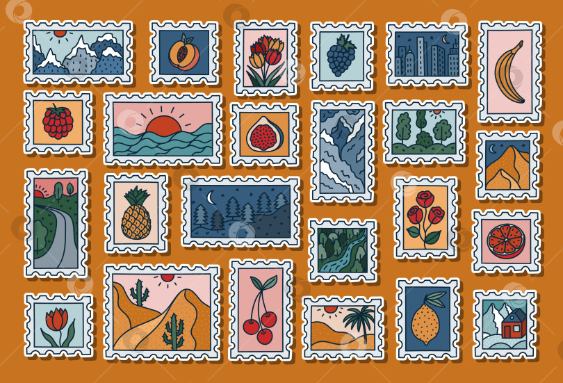 Скачать Большой симпатичный набор наклеек с нарисованной в виде каракулей почтовой маркой со спокойной панорамой путешествия, фруктами, цветами для планировщиков, блокнотом, дневником. Готов к печати список наклеек с пустыней, снежными горами, небоскребом. фотосток Ozero