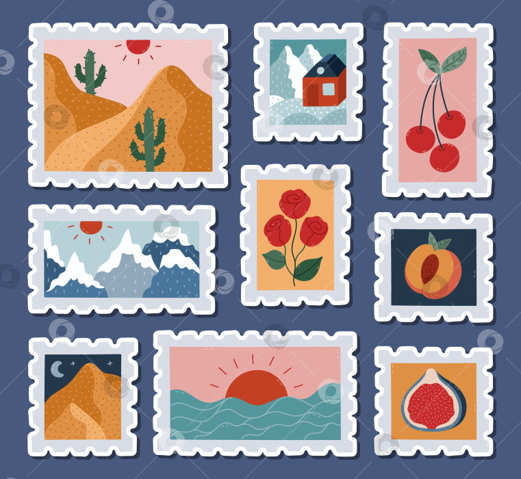 Скачать Набор милых мультяшных наклеек с яркой почтовой маркой с живописными пейзажами, розами, персиками, вишнями для планировщиков, блокнотов, альбомов для вырезок. Готовый к печати список нарисованных от руки дорожных марок фотосток Ozero