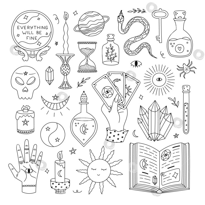 Скачать Эзотерический и магический набор Big outline doodle с волшебным зельем, книгой заклинаний, хрустальным шаром гадалки, астрологическими и оккультными элементами. Прекрасная коллекция рисунков от руки в стиле witchcore. фотосток Ozero