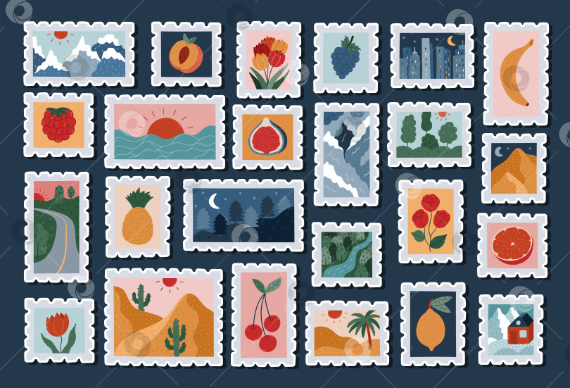 Скачать Большой симпатичный набор наклеек с мультяшной почтовой маркой с живописными пейзажами путешествий, фруктами, цветами для планировщиков, блокнотов. Готовый к печати лист почтовых наклеек с пустыней, горами фотосток Ozero