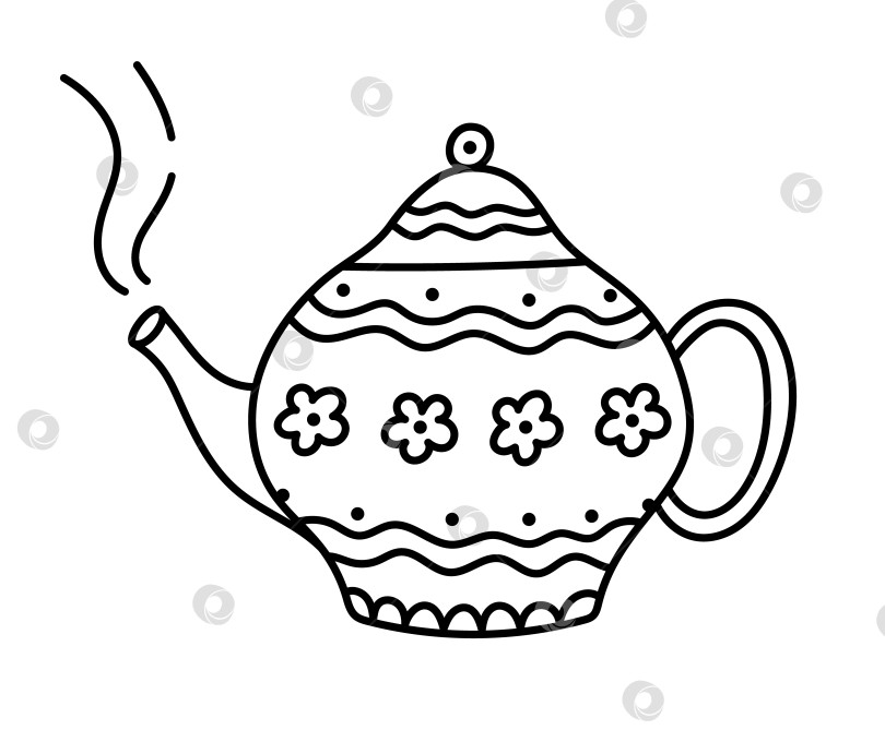 Скачать Изящный чайник line doodle с цветочным орнаментом для чайной церемонии, завтрака, отдыха. Чайник из чайного сервиза с детским рисунком, как символ традиций Великобритании, Китая, выделенный на белом фоне. фотосток Ozero