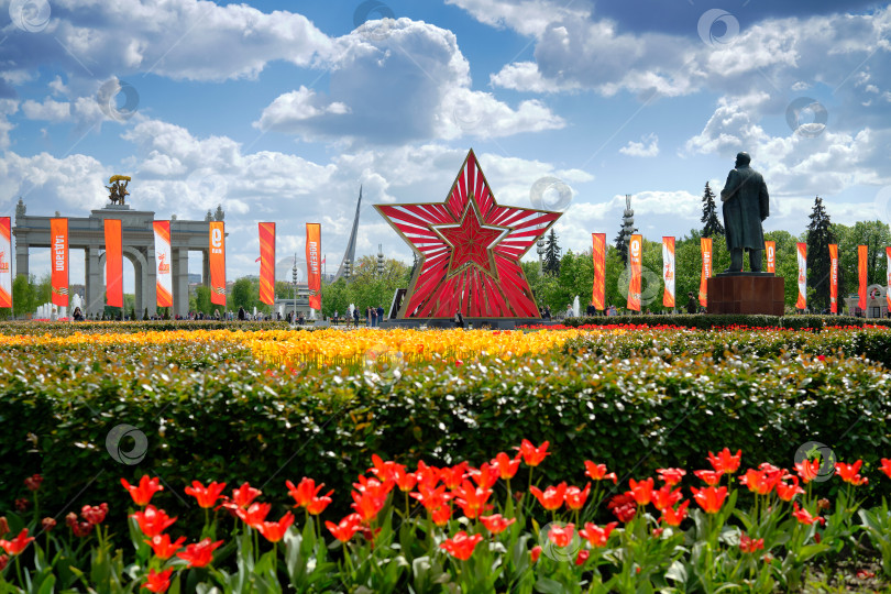 Скачать Москва. Центральная аллея ВДНХ и цветущие тюльпаны. фотосток Ozero