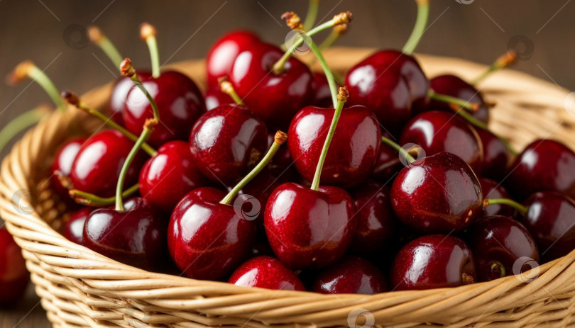 Скачать Спелые вишни в плетеной корзинке. Создано искусственным интеллектом. фотосток Ozero
