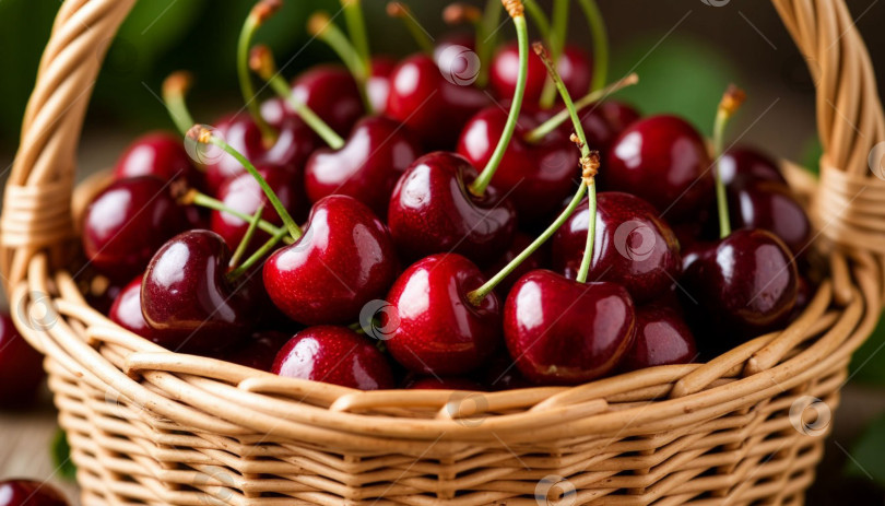 Скачать Спелые вишни в плетеной корзинке. Создано искусственным интеллектом. фотосток Ozero