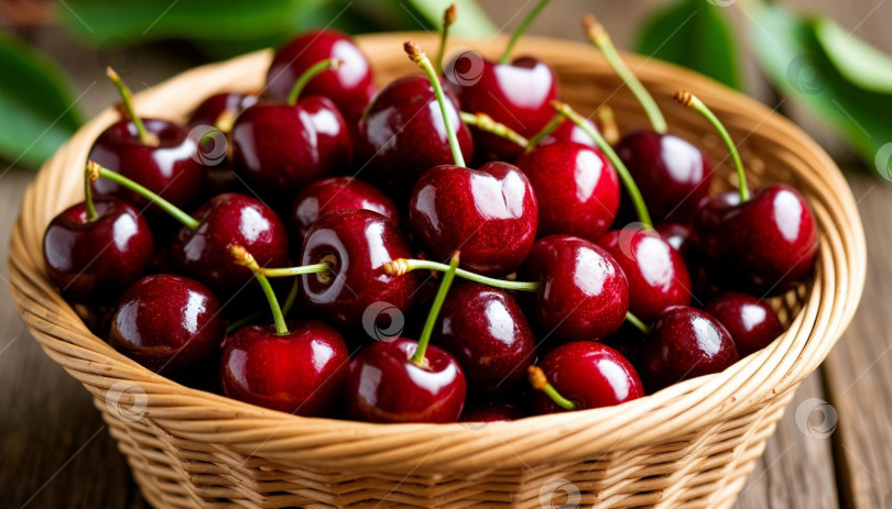 Скачать Спелые вишни в плетеной корзинке. Создано искусственным интеллектом. фотосток Ozero