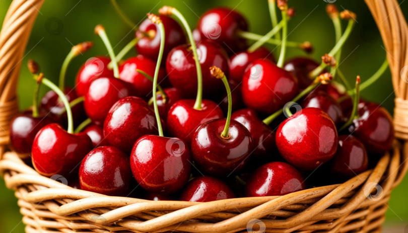 Скачать Спелые вишни в плетеной корзинке. Создано искусственным интеллектом. фотосток Ozero