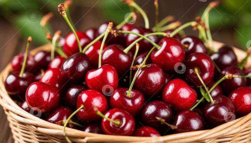 Скачать Спелые вишни в плетеной корзинке. Создано искусственным интеллектом. фотосток Ozero