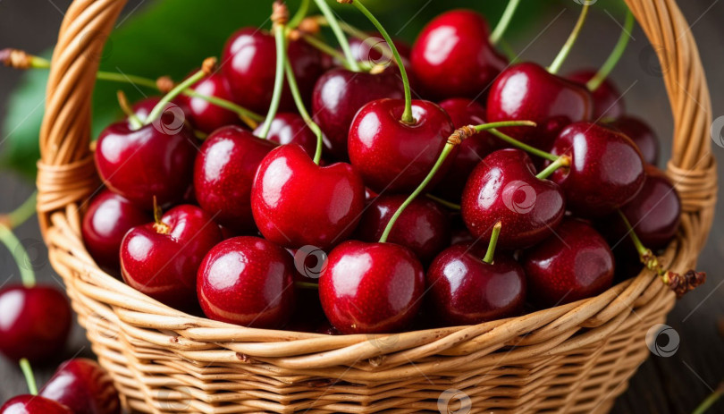 Скачать Спелые вишни в плетеной корзинке. Создано искусственным интеллектом. фотосток Ozero