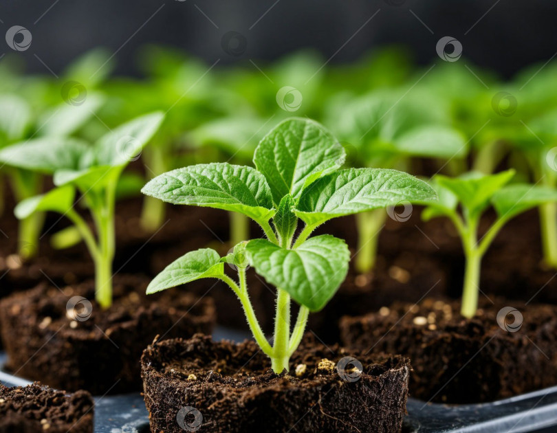 Скачать молодые побеги рассады в земле. Генерируется с помощью искусственного интеллекта. фотосток Ozero