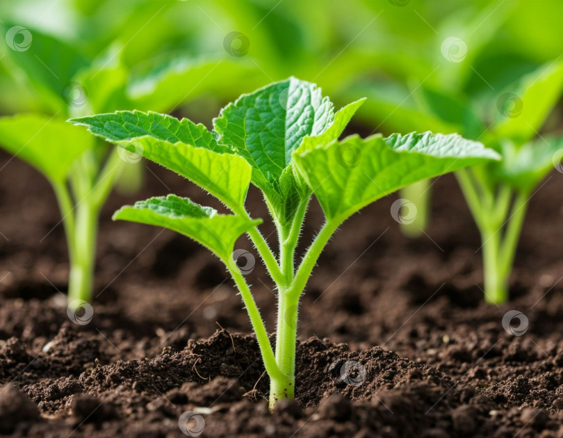 Скачать молодые побеги рассады в земле. Генерируется с помощью искусственного интеллекта. фотосток Ozero
