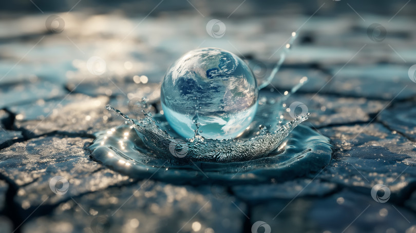 Скачать Капля воды на сухой потрескавшейся земле. Концепция засухи, изменения климата, нехватки пресной воды фотосток Ozero